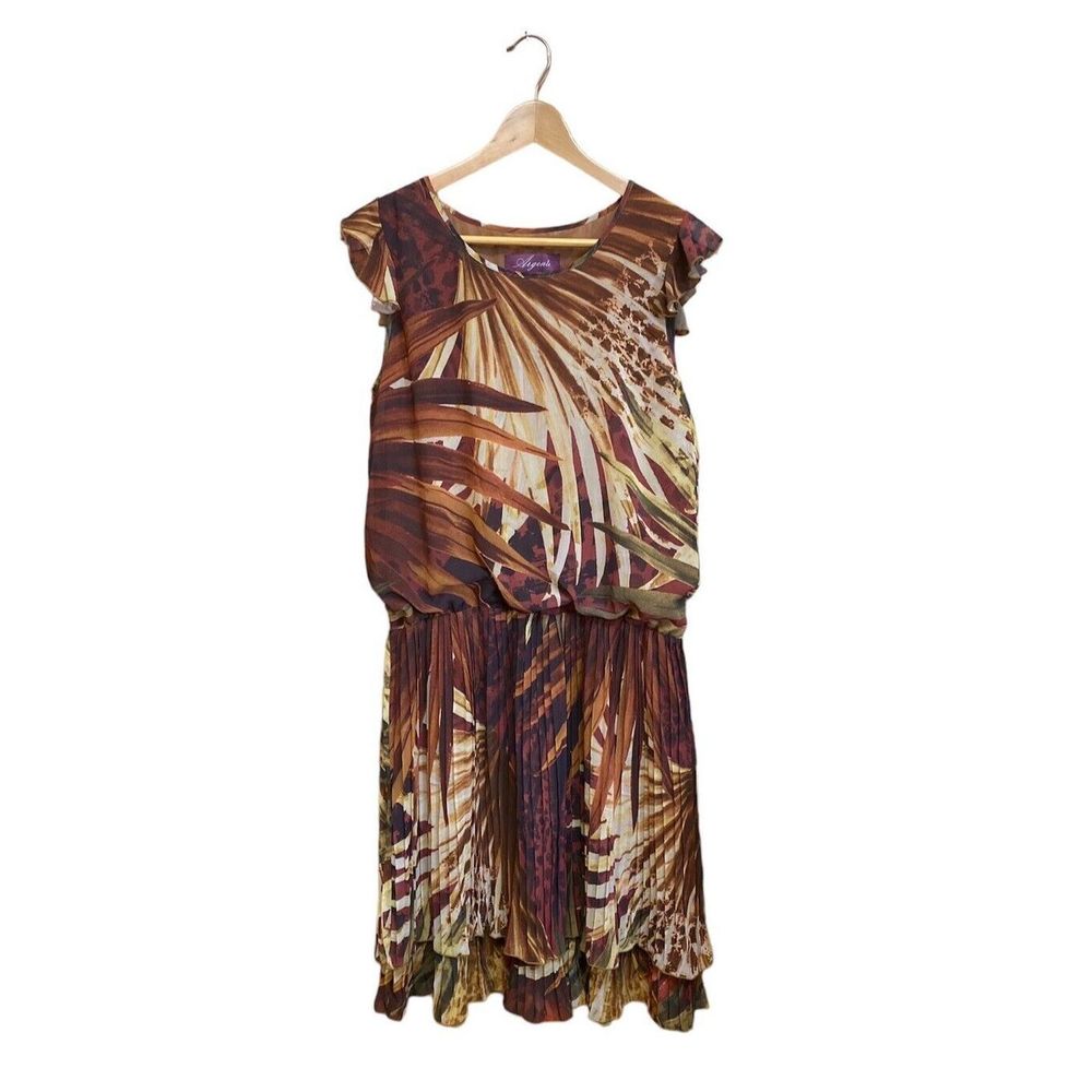 Argenti Vintage 80s Brown Leaves Dropped Waist Short Sleeves Dress S/10